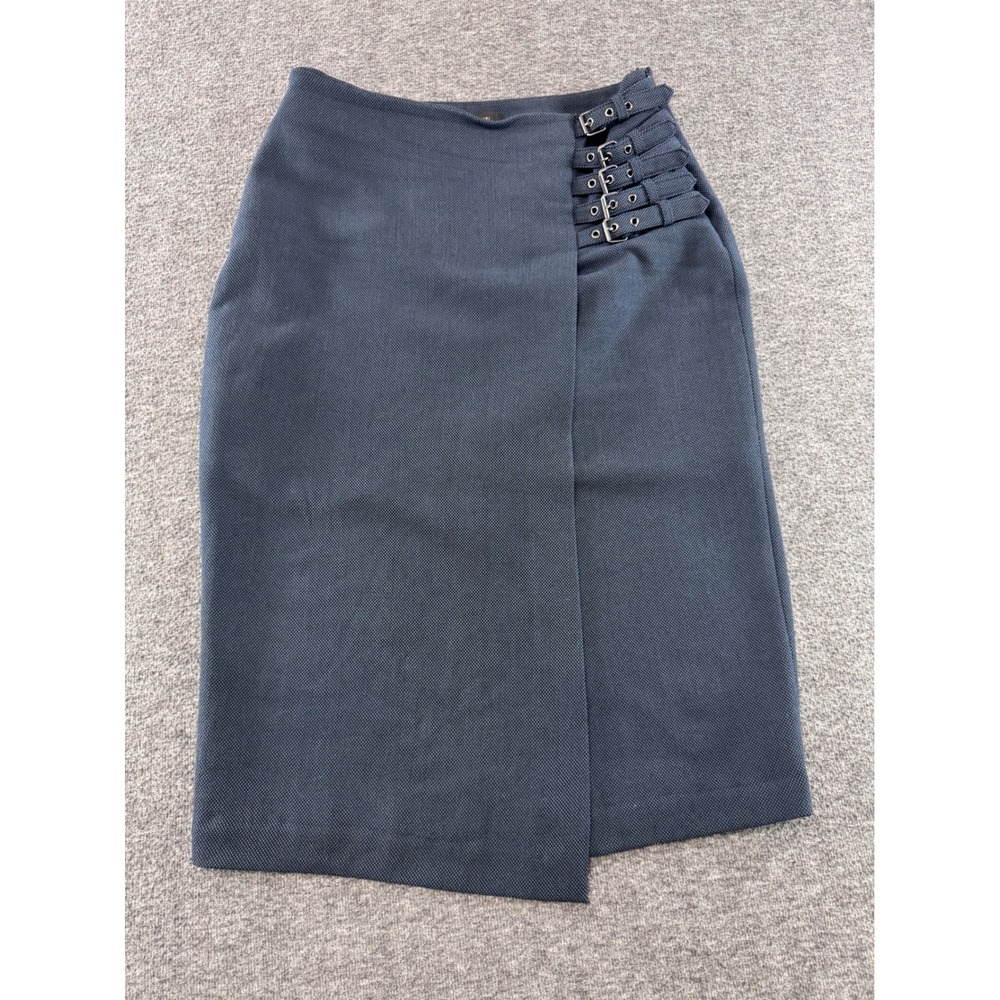 Worthington Navy Blue Buckle Wrap Pencil Skirt Textured Knee Length Womens 10 - Picture 1 of 9